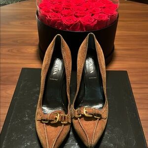 Prada Brown Heels with Suede Finish and Gold Buckle